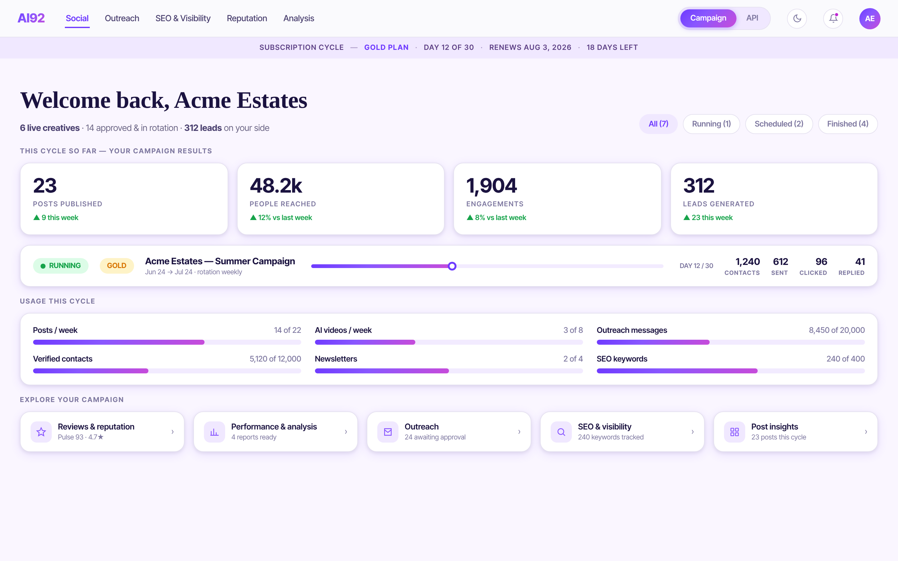一个已构建的营销活动在仪表板上运行其周期 - KPI 和使用量表实时显示（演示品牌）。